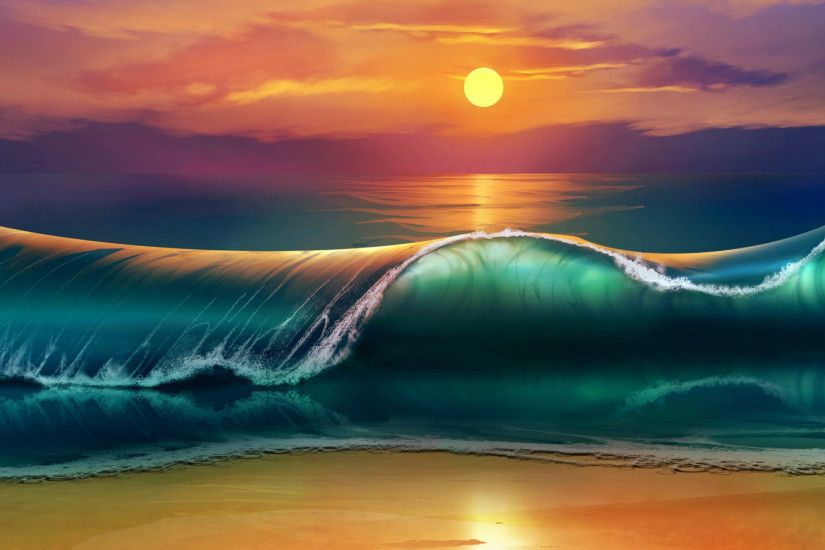2048x1152 Wallpaper art, sunset, beach, sea, waves