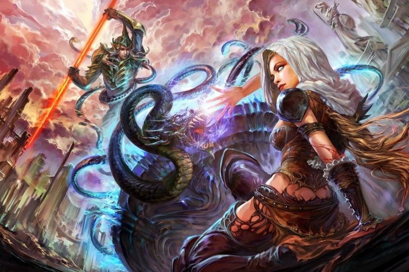 forsaken world battle girl guy dragon spear art HD wallpaper