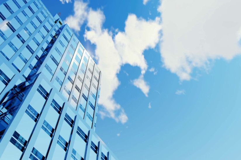 Abstract modern high rise office building with reflection on its mirror  windows against daytime sky with time lapse clouds. Low angle 4K animation  Motion ...