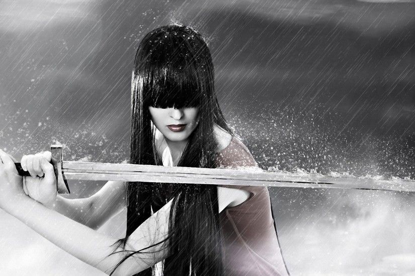 Bangs Black Hair Fighters Long Monochrome Pale Skin Rain Swordsman Women