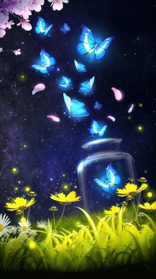 Android live wallpaper/background!Shiny blue butterfly live wallpaper with  starry sky as background