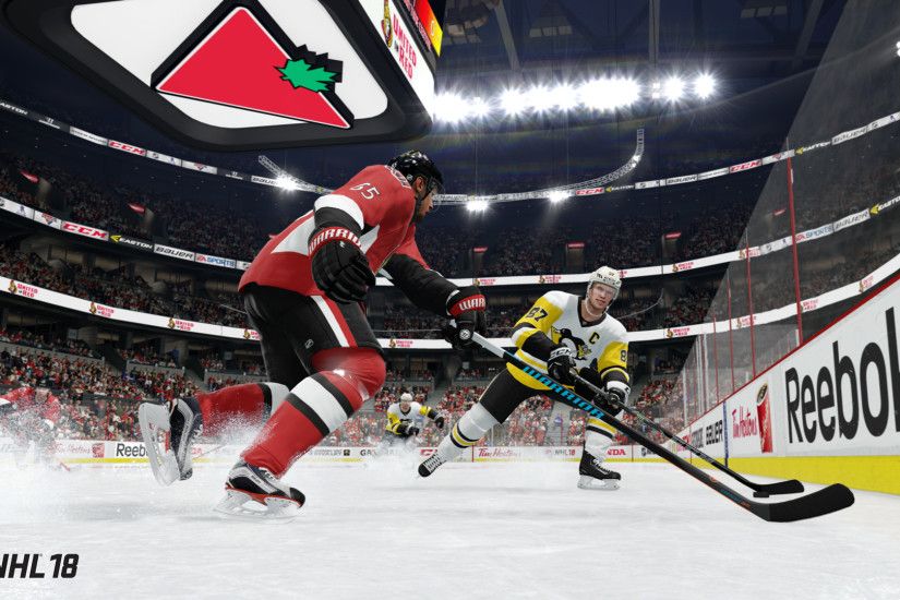 NHL 18 - Eric Karlsson using Defensive Skill Stick to hold off Sidney Crosby