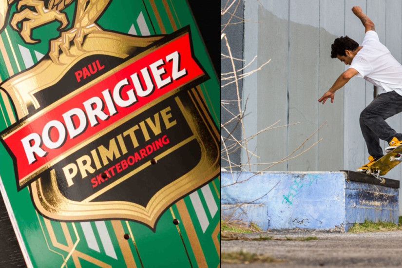 P-Rod's first pro model deck from Primitive Skateboarding (left) and a F