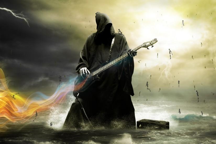 death, Bass Guitars, Water, Grim Reaper, Sea, Guitar, Lightning, Skeleton  Wallpaper HD